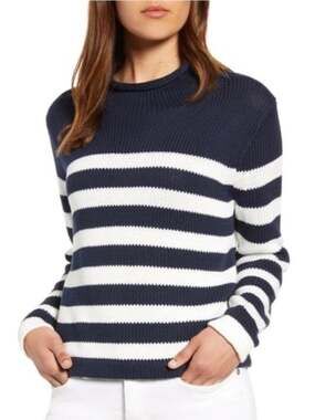 J. Crew 1988 Rollneck Cropped Sweater Heritage Cotton Breton Striped Preppy Navy